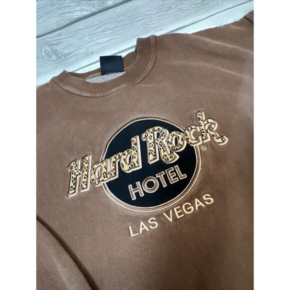 Vintage 90s Hard Rock Hotel Las Vegas Pullover Sweatshirt Cheetah Brown M/L - Picture 2 of 9